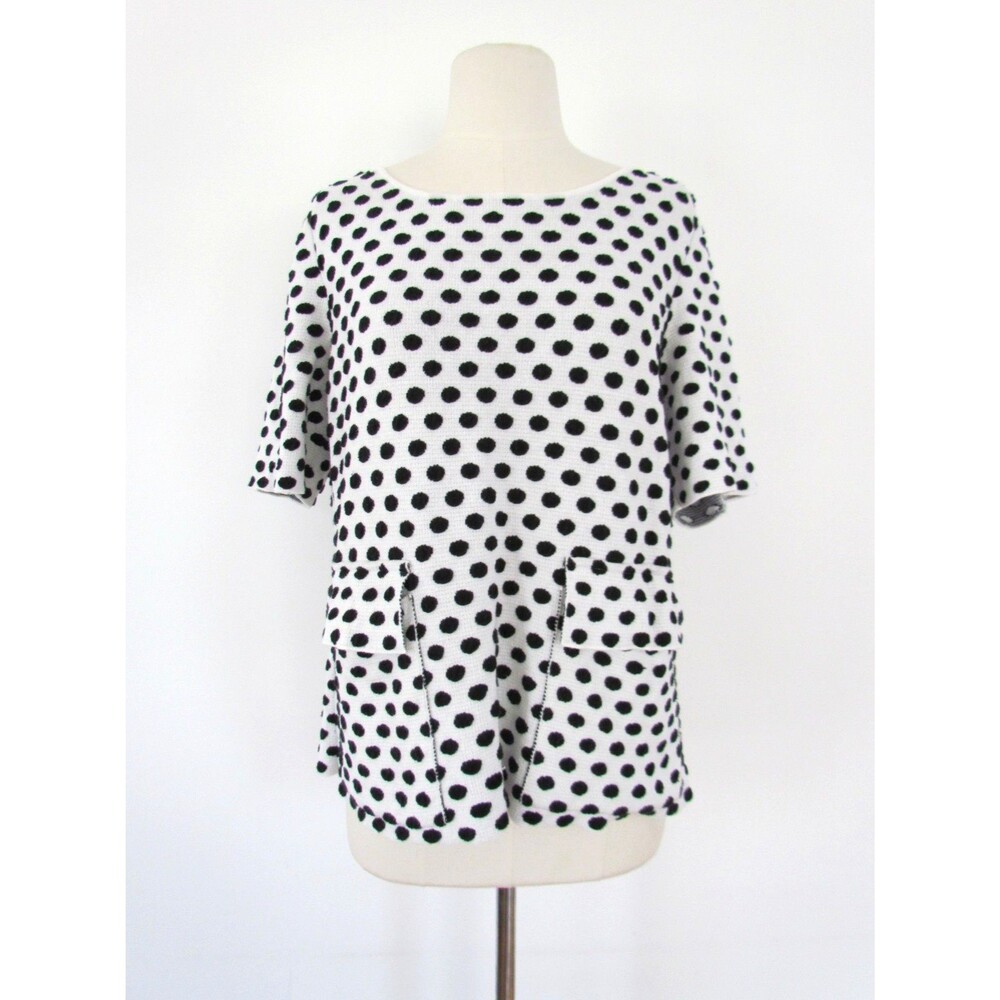Anthropologie Polka Dot Knit Top Sweater Sz L !00% Cotton Black White Pockets